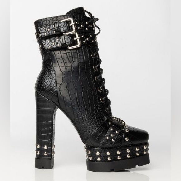 Shoes - Dolls Kill Black Crocodile Leather Studded Ultra Platform Combat Boots